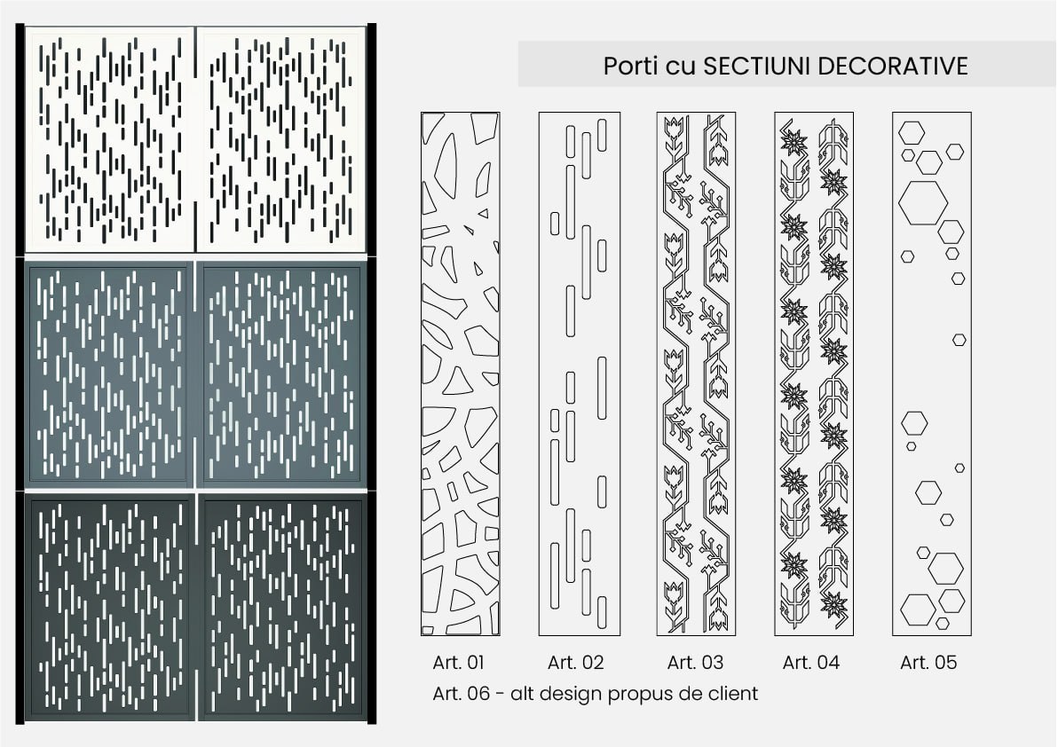 Porți cu secțiuni decorative — catalog 3 culori